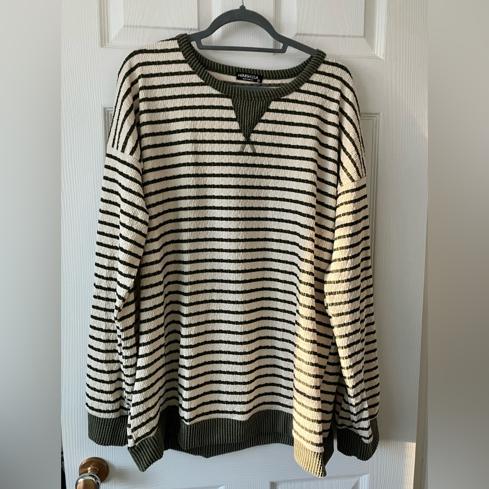 HEIMISH USA Men's Crewneck Sweater - Olive and Cream Stripes